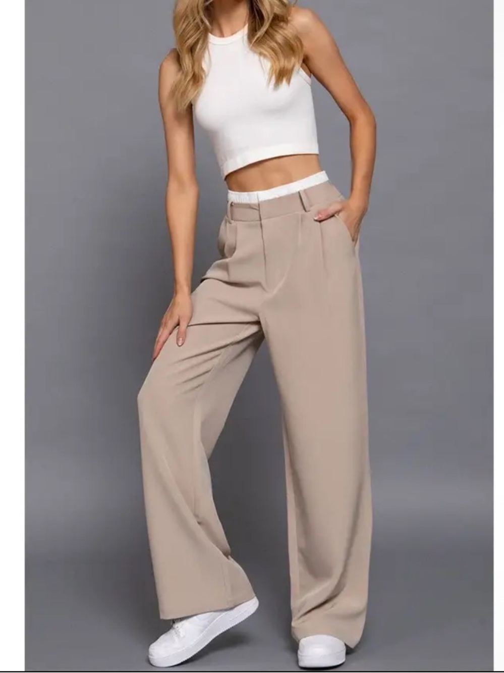 Wide Leg High-Waist Pants in Taupe